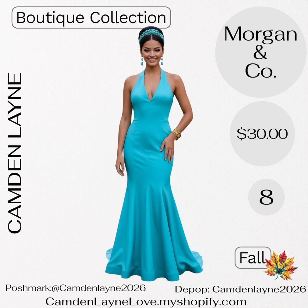 Morgan & Co. Blue Halter Backless Gown - Picture 1 of 7